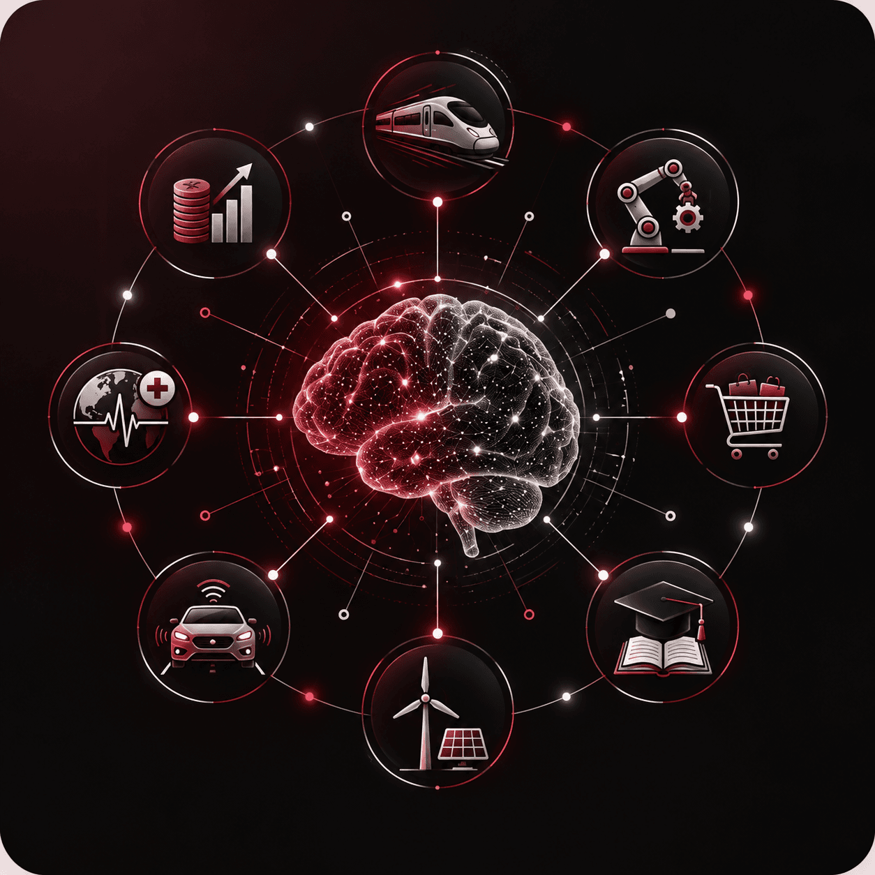 AI brain connected to industries: finance, transport, healthcare, manufacturing, retail, automotive, energy and education